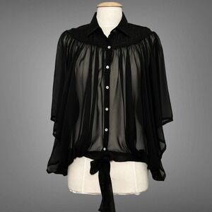 Urban Behavior Blouse S Black Sheer Button Down Tie Waist Cape Dolman Sleeve